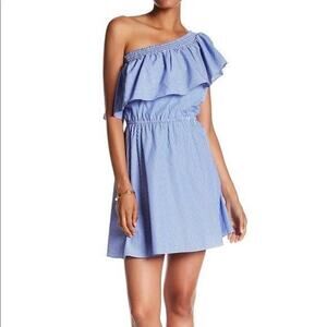 Parker Women’s Small Blue and White Stripe Ruffle One Shoulder Mini Dress